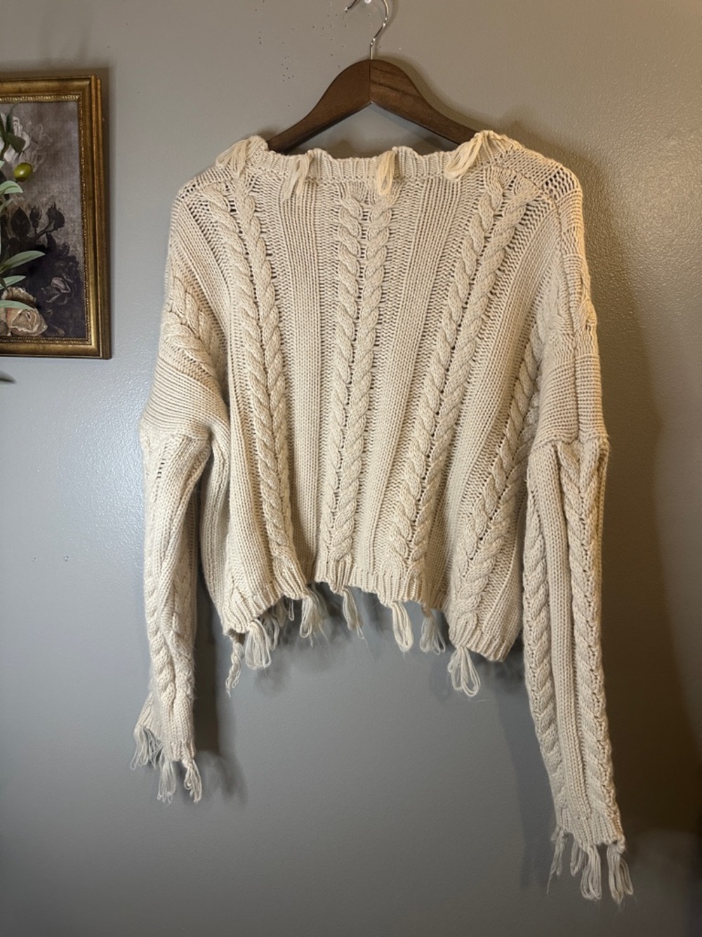 Altar’d State Distressed Cable Knit Cropped Sweater Boho Cream M - Picture 7 of 7